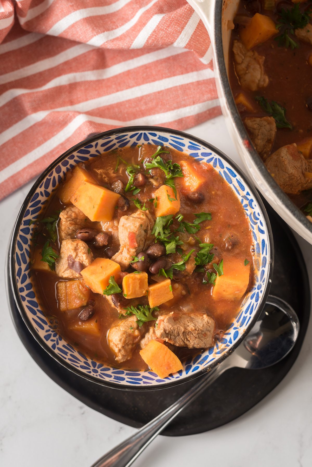 One Pot dinner made with Pork Loin and Sweet Potatoes