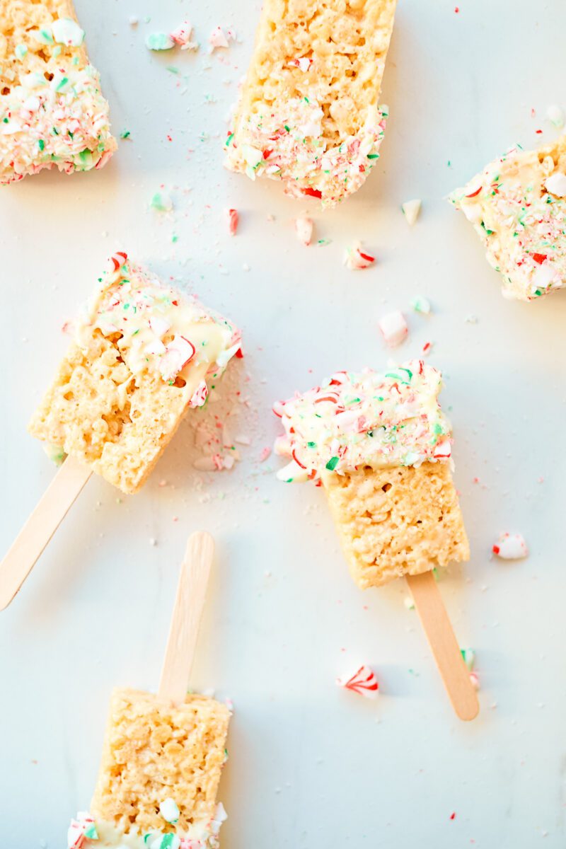 Pre made Rice Krispies dipped in white chocolate sprinkled with peppermint candy