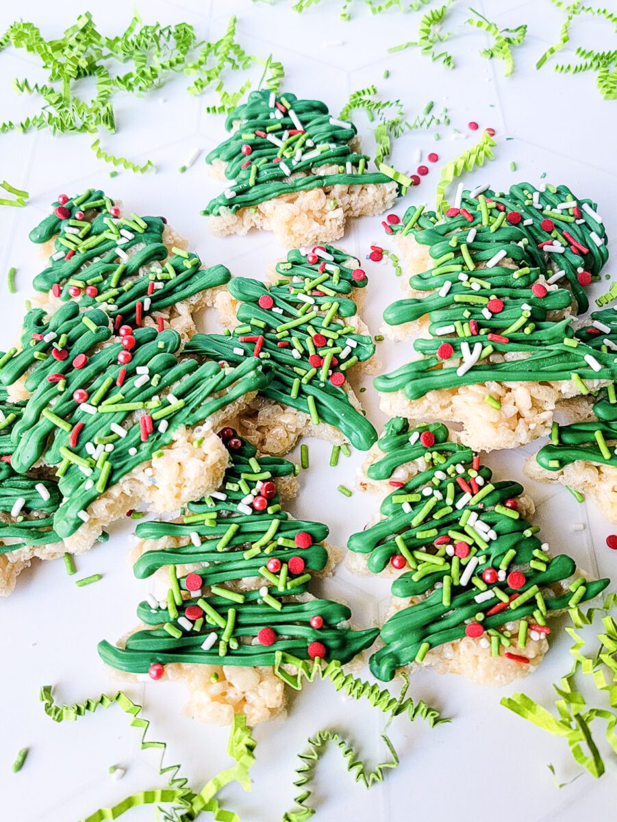 Rice Krispie Treats made in Christmas Tree form and decorated