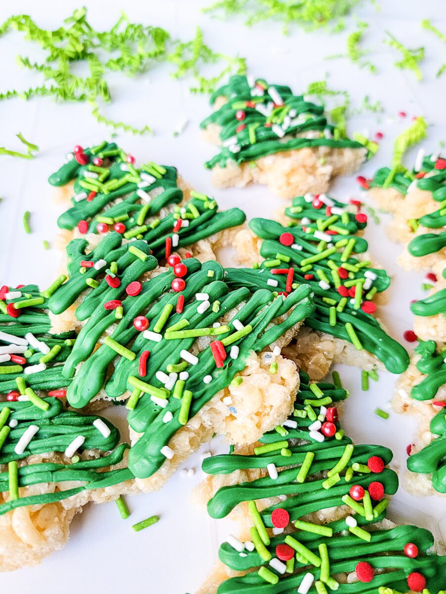 Rice Krispie Treats made in Christmas Tree form and decorated