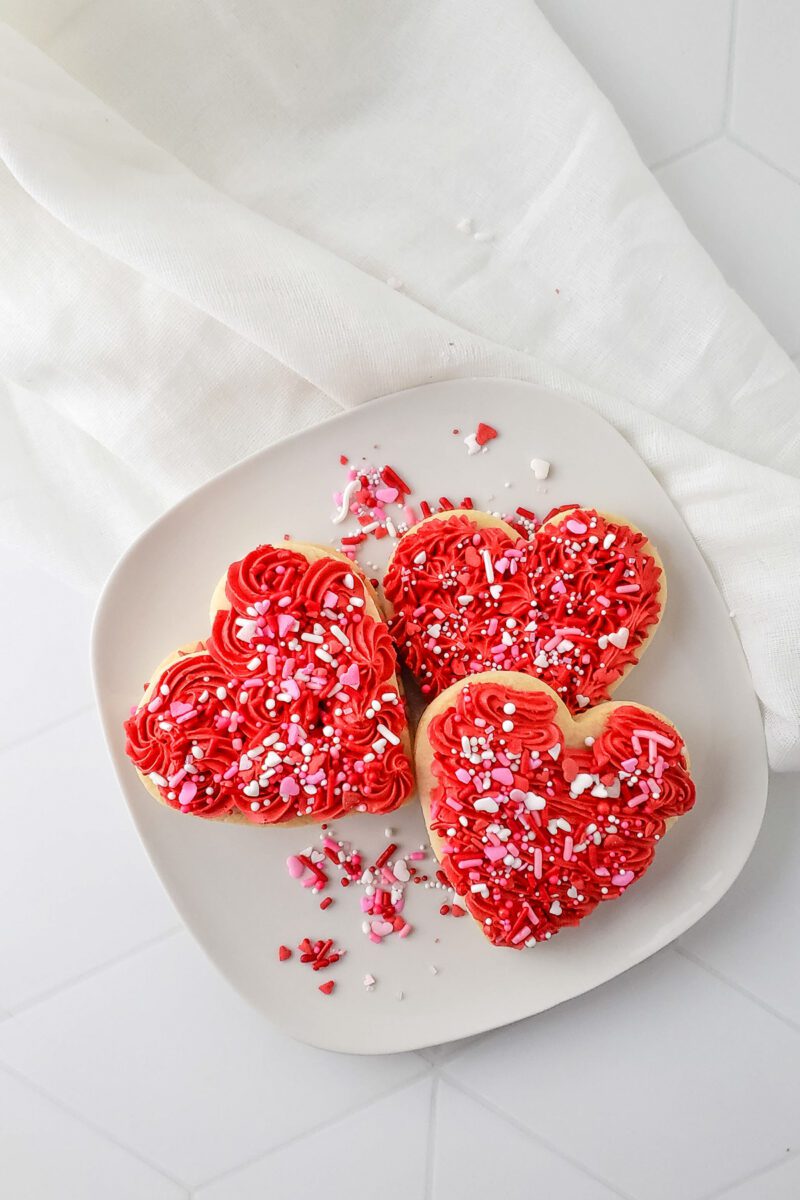 sugar cookies in heart shape made with the sugar substitute, Swerve.