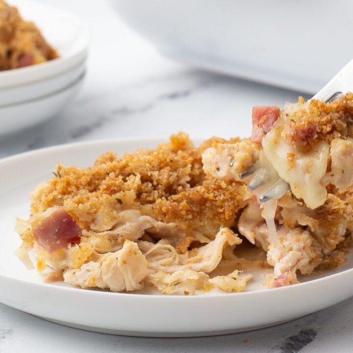 Comfort Casserole made with Shredded Chicken, Chopped Ham & Swiss cheese