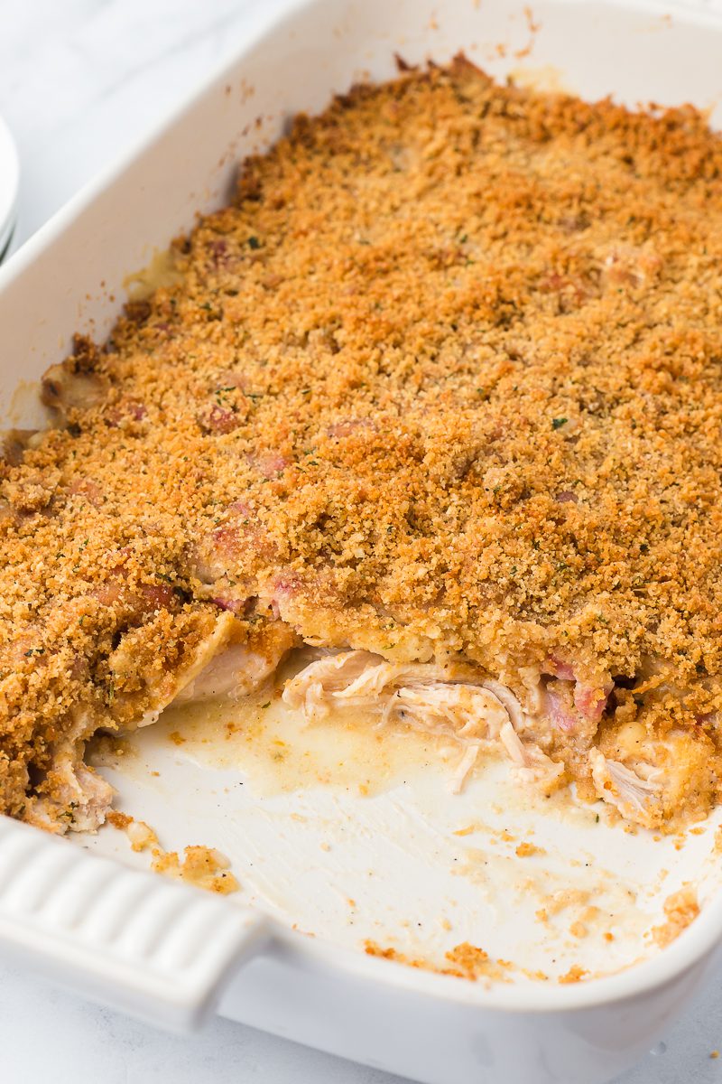 Comfort Casserole made with Shredded Chicken, Chopped Ham & Swiss cheese 