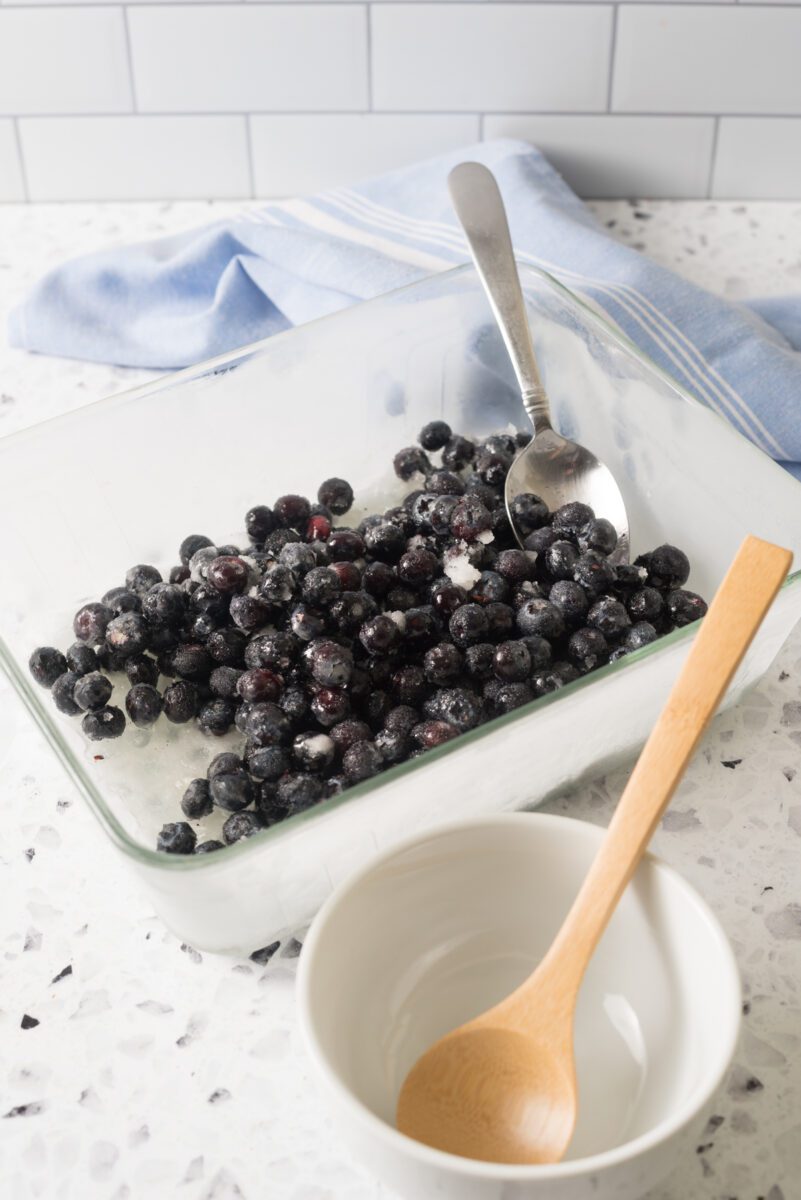 Super simple frozen snack made with blueberries, lemon juice and sugar.