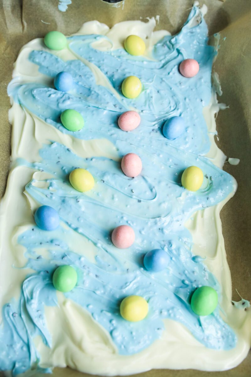 Bark candy made in with blue and white candy melts with a chocolate robins eggs on top. then broken into pieces. 