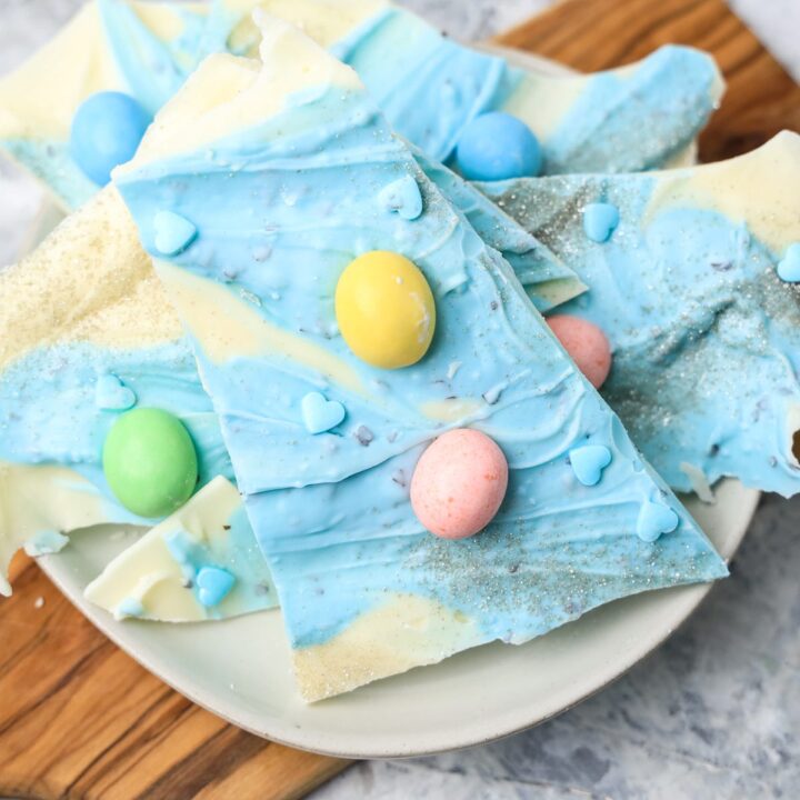 Bark candy made in with blue and white candy melts with a chocolate robins eggs on top. then broken into pieces.