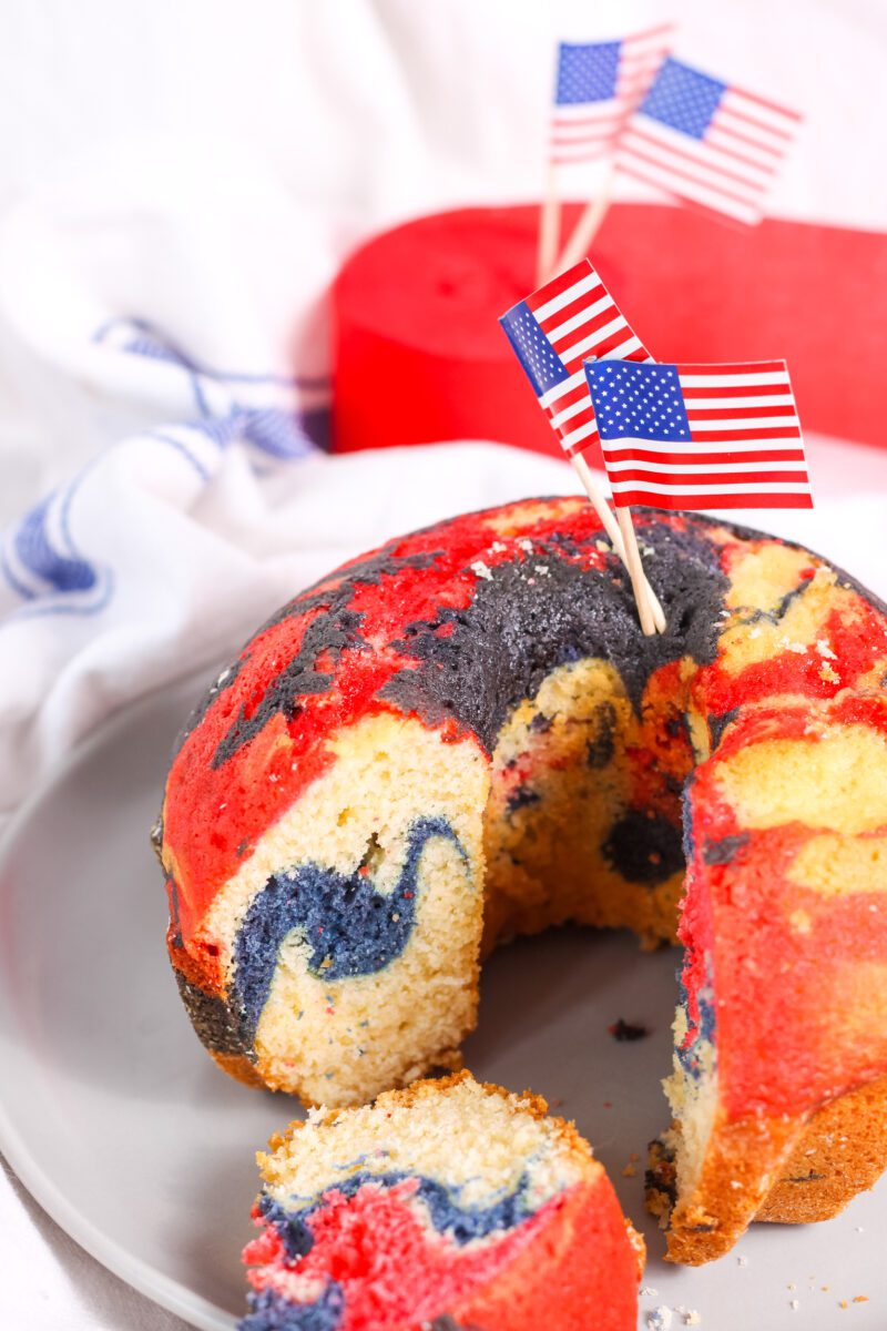 Red white and blue bundt cake recipe- cake sliced open to show layers