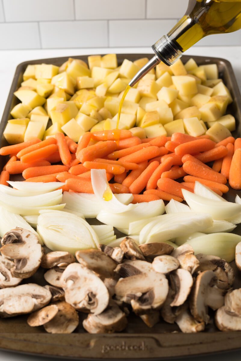 Sheet Pan Vegetables: Potatoes, Carrots, Onions and Mushrooms