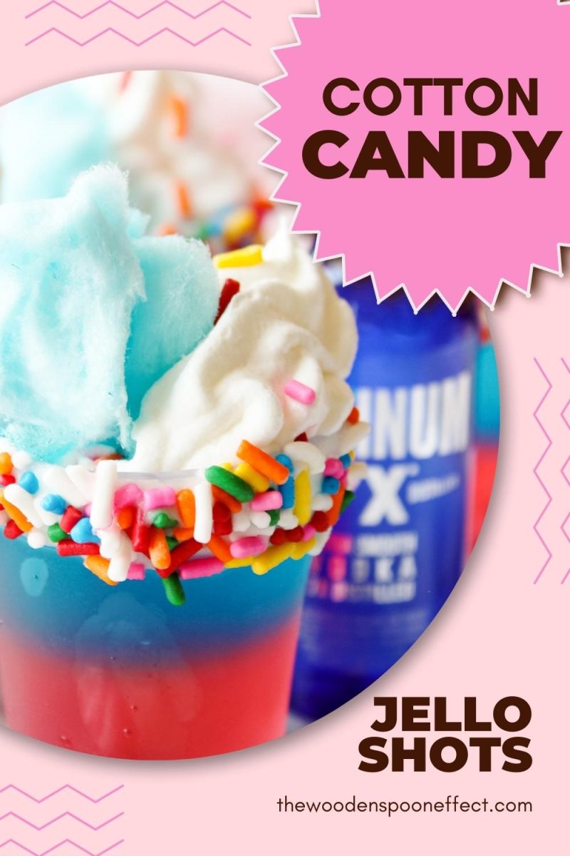 two ounce shot glass with cotton candy flavored jello and Vodka inside