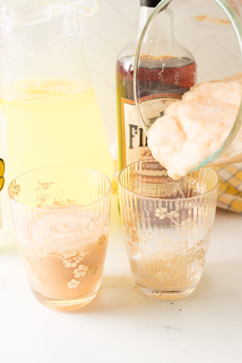 Arnold Palmer Drink Made with Sweet Tea, Sweet Tea Vodka, Lemonade and Lemon Vodka blended with Ice to make a Frozen Drink