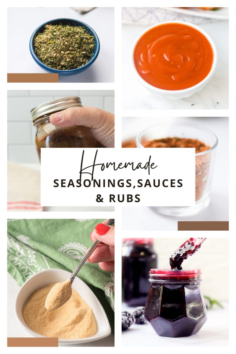 A collage of photos of the homemade seasonings sauces and rubs The Wooden Spoon Effect has on site