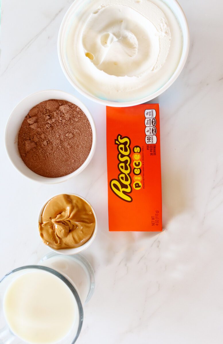 Reese’s Pieces, chocolate powder and milk